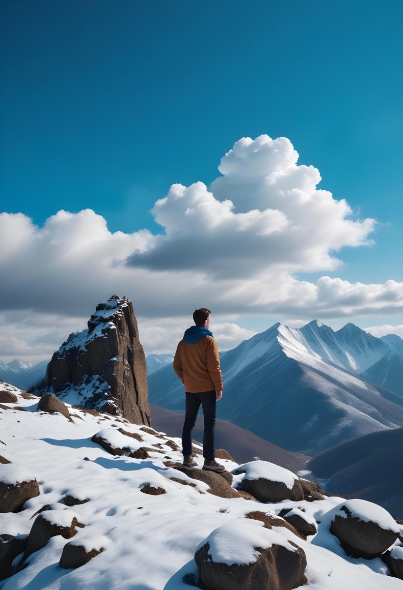 Minimal Soft Studio Light Photography A Young Man Standing On A Rocky Cliff Overlooking A Snowy Mountain Landscape With Dramatic Clouds In The Blue Sky High Detail Solid Bold Color Background 17 4383