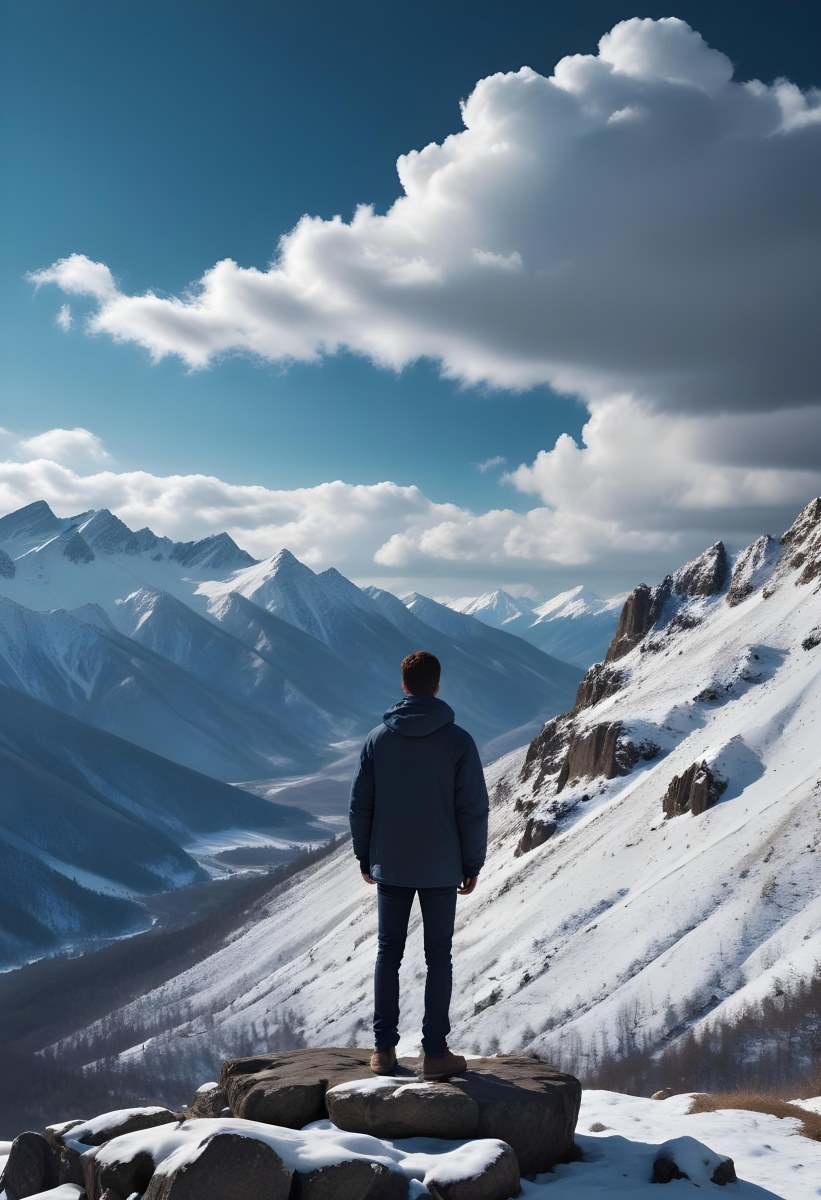 Minimal Soft Studio Light Photography A Young Man Standing On A Rocky Cliff Overlooking A Snowy Mountain Landscape With Dramatic Clouds In The Blue Sky High Detail Solid Bold Color Background 18 3571