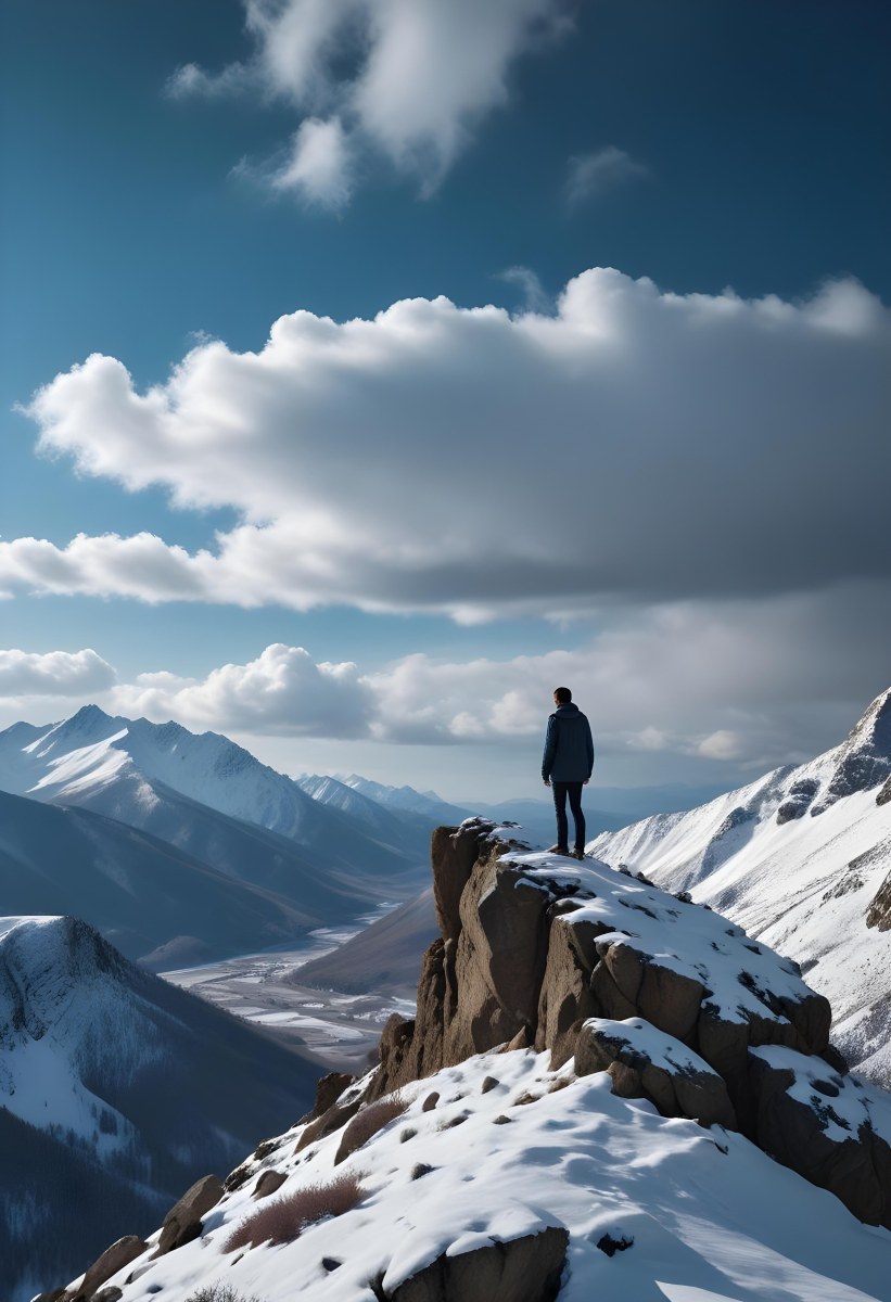 Minimal Soft Studio Light Photography A Young Man Standing On A Rocky Cliff Overlooking A Snowy Mountain Landscape With Dramatic Clouds In The Blue Sky High Detail Solid Bold Color Background 22 9225