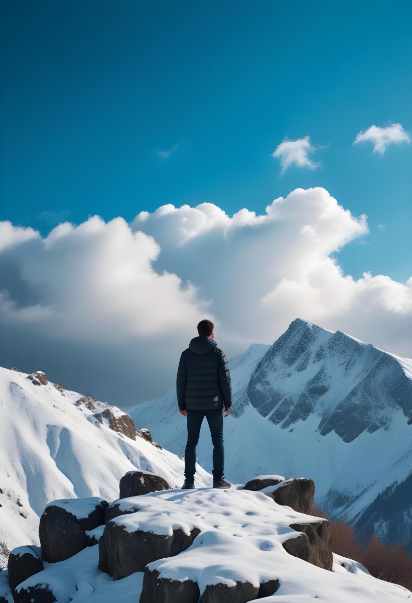 Minimal Soft Studio Light Photography A Young Man Standing On A Rocky Cliff Overlooking A Snowy Mountain Landscape With Dramatic Clouds In The Blue Sky High Detail Solid Bold Color Background 25 C73d