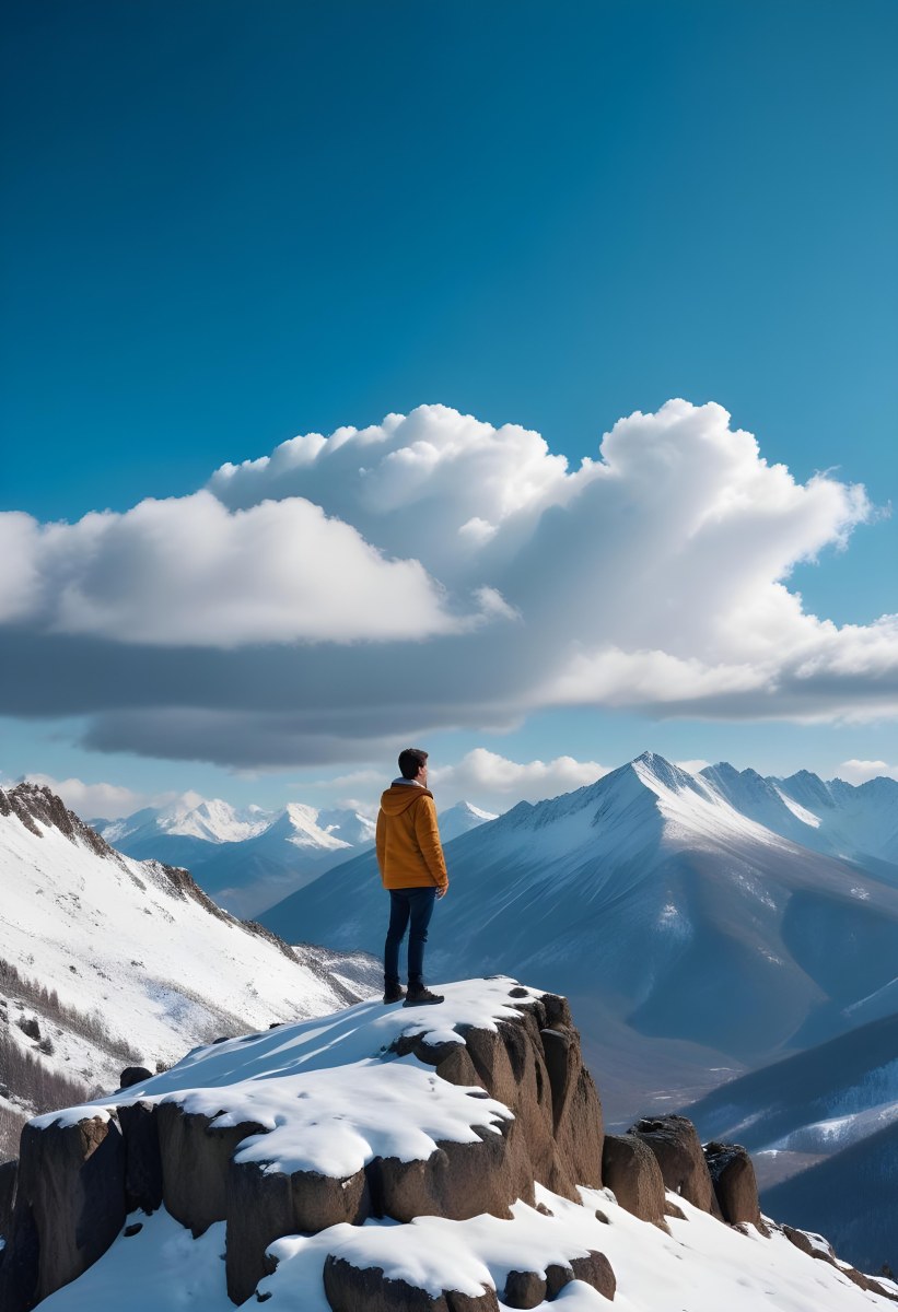 Minimal Soft Studio Light Photography A Young Man Standing On A Rocky Cliff Overlooking A Snowy Mountain Landscape With Dramatic Clouds In The Blue Sky High Detail Solid Bold Color Background 27 Bd78
