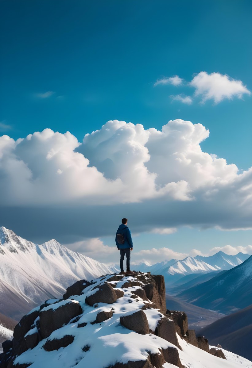 Minimal Soft Studio Light Photography A Young Man Standing On A Rocky Cliff Overlooking A Snowy Mountain Landscape With Dramatic Clouds In The Blue Sky High Detail Solid Bold Color Background 28 231c