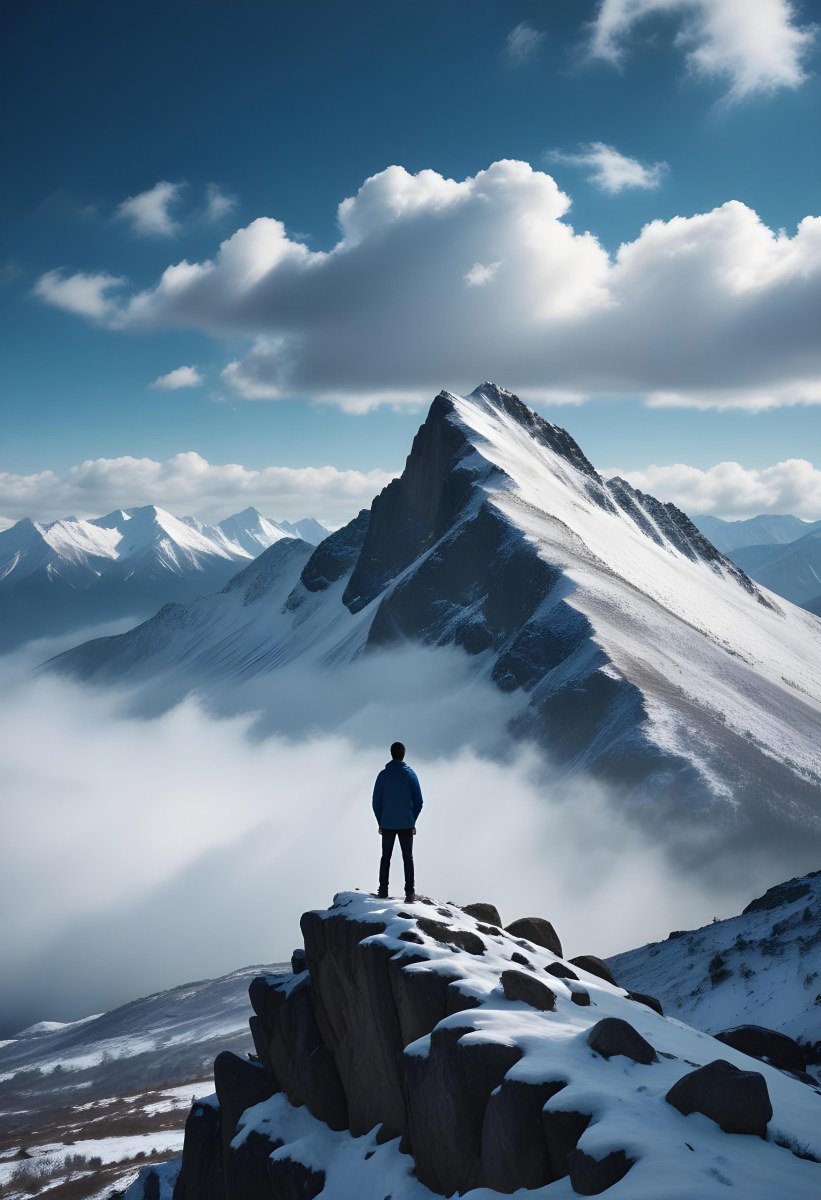 Minimal Soft Studio Light Photography A Young Man Standing On A Rocky Cliff Overlooking A Snowy Mountain Landscape With Dramatic Clouds In The Blue Sky High Detail Solid Bold Color Background 3 0a56