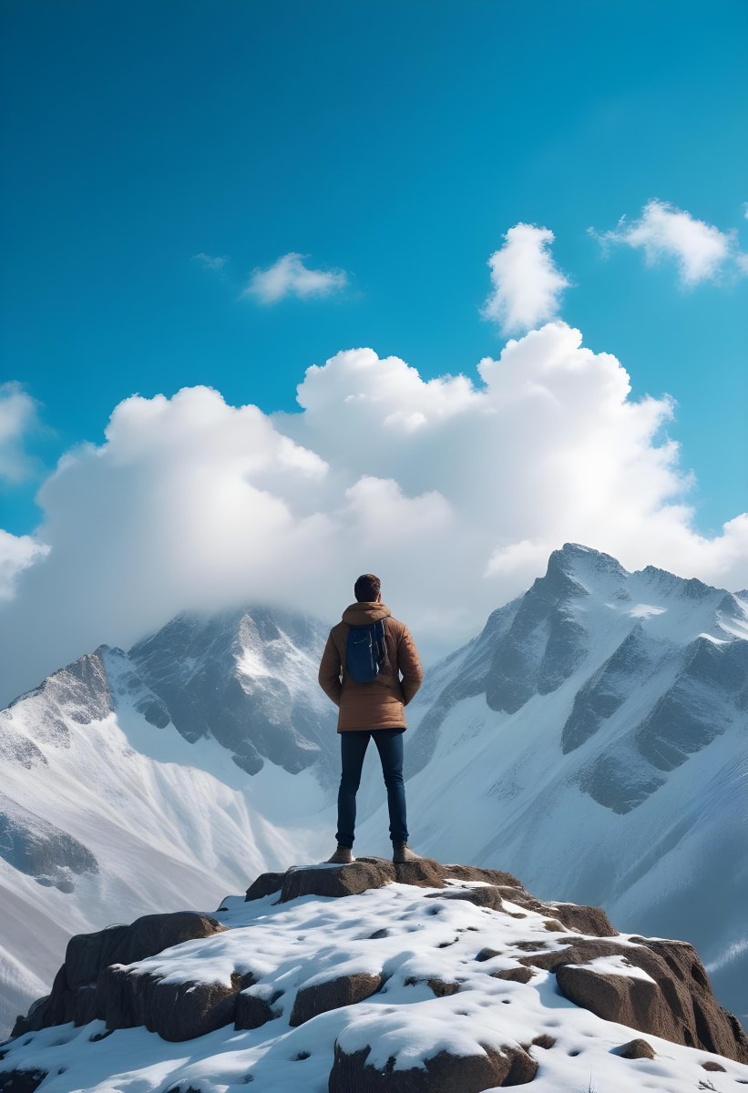 Minimal Soft Studio Light Photography A Young Man Standing On A Rocky Cliff Overlooking A Snowy Mountain Landscape With Dramatic Clouds In The Blue Sky High Detail Solid Bold Color Background 30 7f77