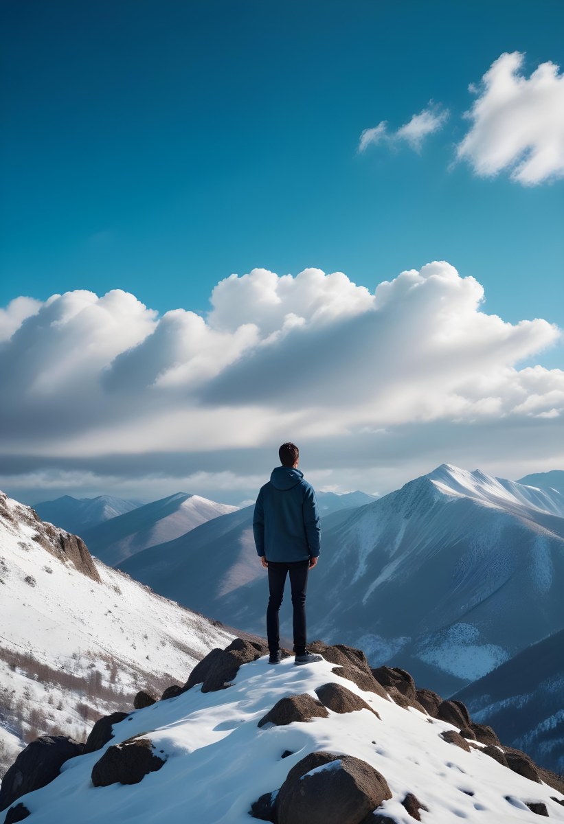 Minimal Soft Studio Light Photography A Young Man Standing On A Rocky Cliff Overlooking A Snowy Mountain Landscape With Dramatic Clouds In The Blue Sky High Detail Solid Bold Color Background 4 3ab1