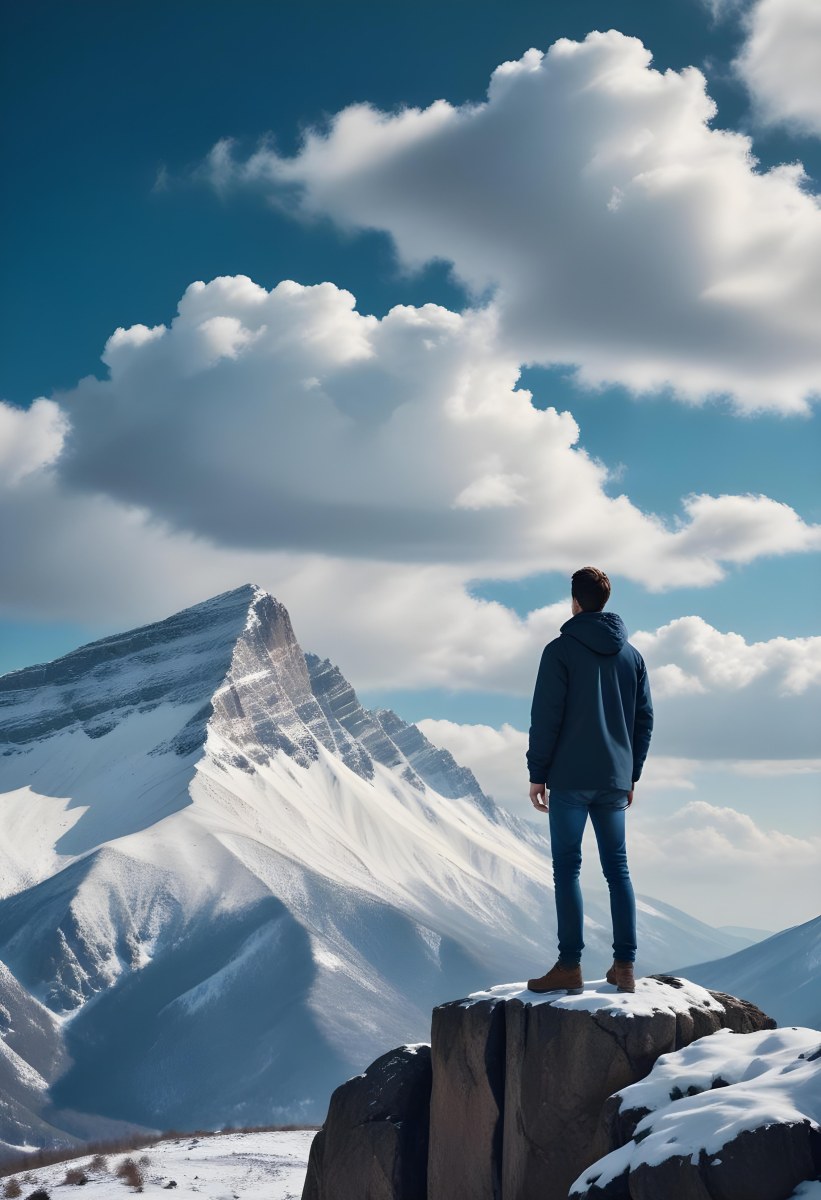 Minimal Soft Studio Light Photography A Young Man Standing On A Rocky Cliff Overlooking A Snowy Mountain Landscape With Dramatic Clouds In The Blue Sky High Detail Solid Bold Color Background 5 A65a