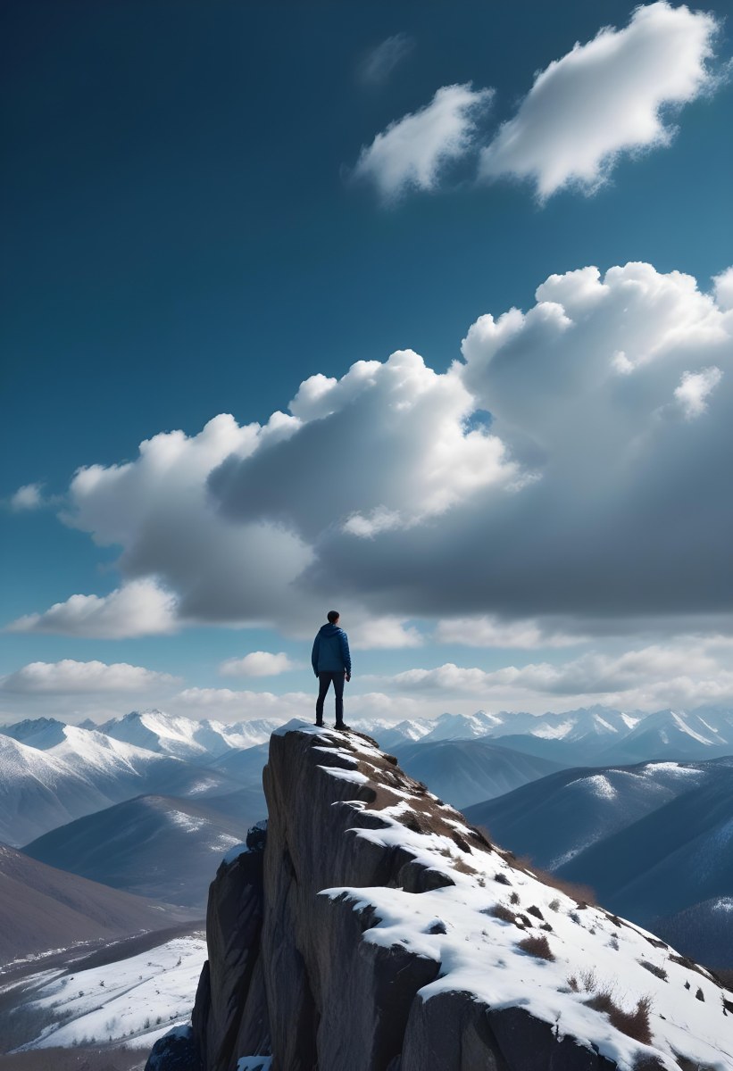 Minimal Soft Studio Light Photography A Young Man Standing On A Rocky Cliff Overlooking A Snowy Mountain Landscape With Dramatic Clouds In The Blue Sky High Detail Solid Bold Color Background 6 Ea21