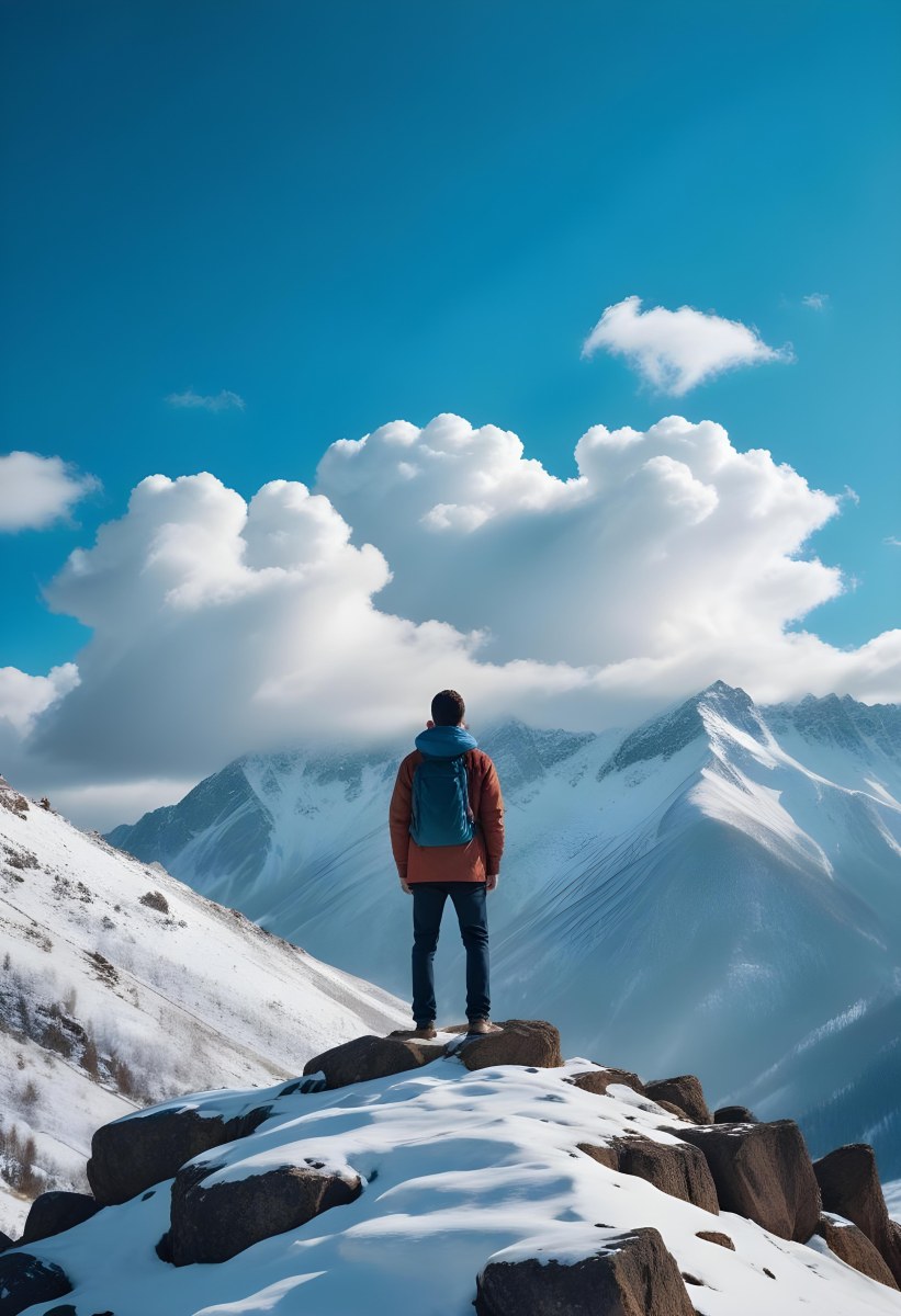Minimal Soft Studio Light Photography A Young Man Standing On A Rocky Cliff Overlooking A Snowy Mountain Landscape With Dramatic Clouds In The Blue Sky High Detail Solid Bold Color Background 7 Eed1