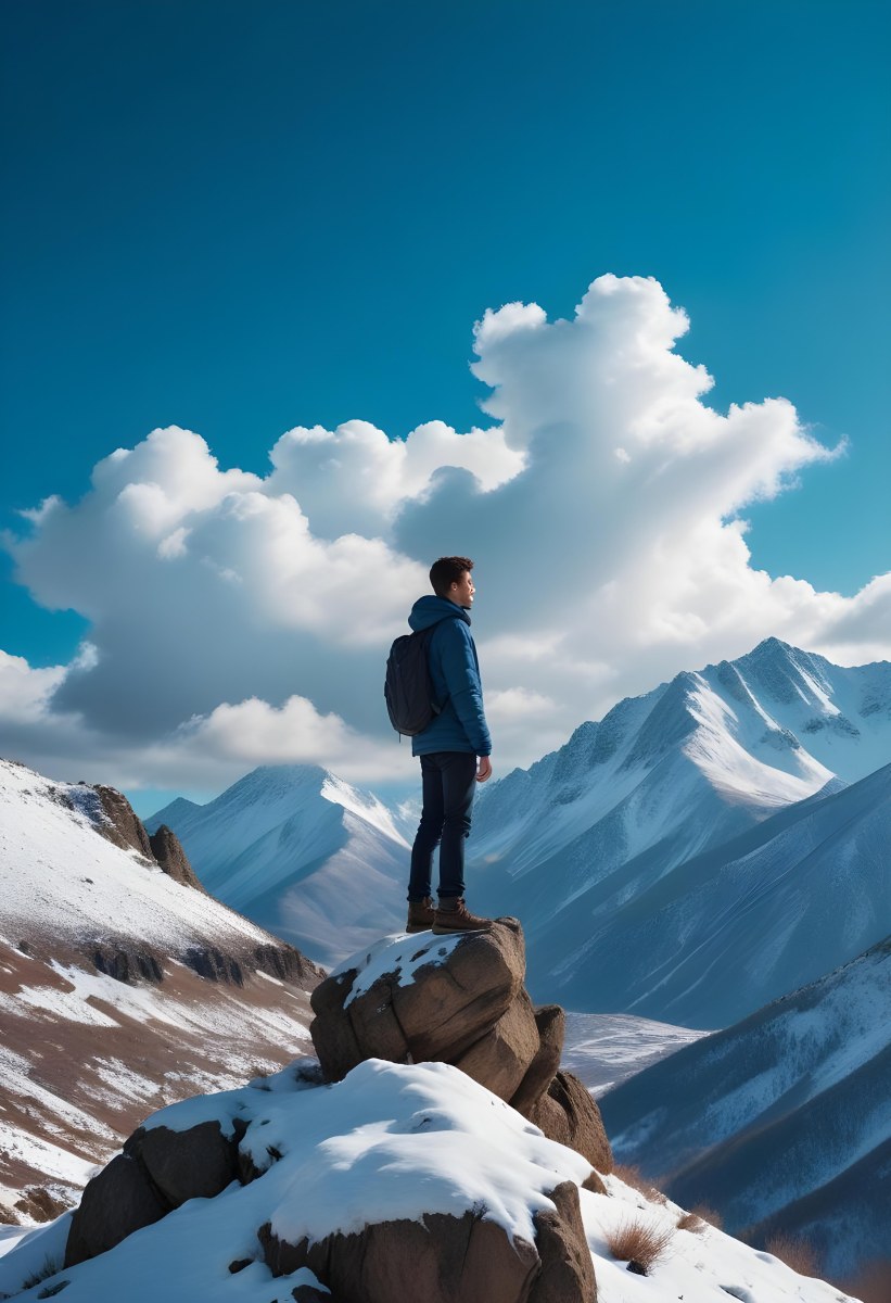 Minimal Soft Studio Light Photography A Young Man Standing On A Rocky Cliff Overlooking A Snowy Mountain Landscape With Dramatic Clouds In The Blue Sky High Detail Solid Bold Color Background 8 137c
