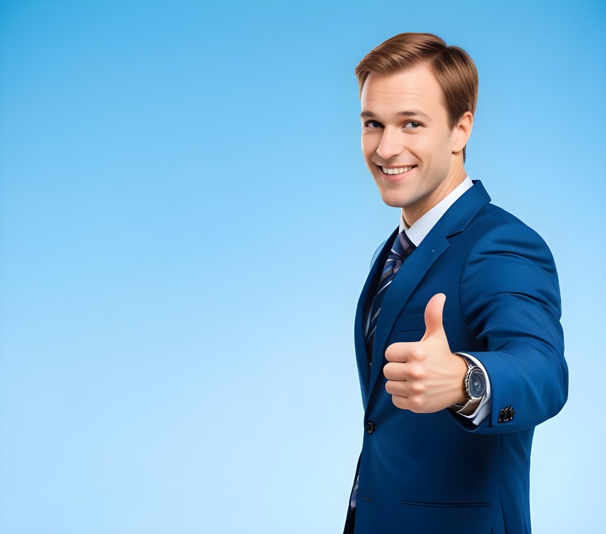 Minimal Soft Studio Light Photography Caucasian Male Approximately 30 Years Old With Light Brown Hair Wearing A Blue Suit And Tie Smiling With Arms Crossed Against A Light Blue Background High Detail Solid Bol 7 B07c