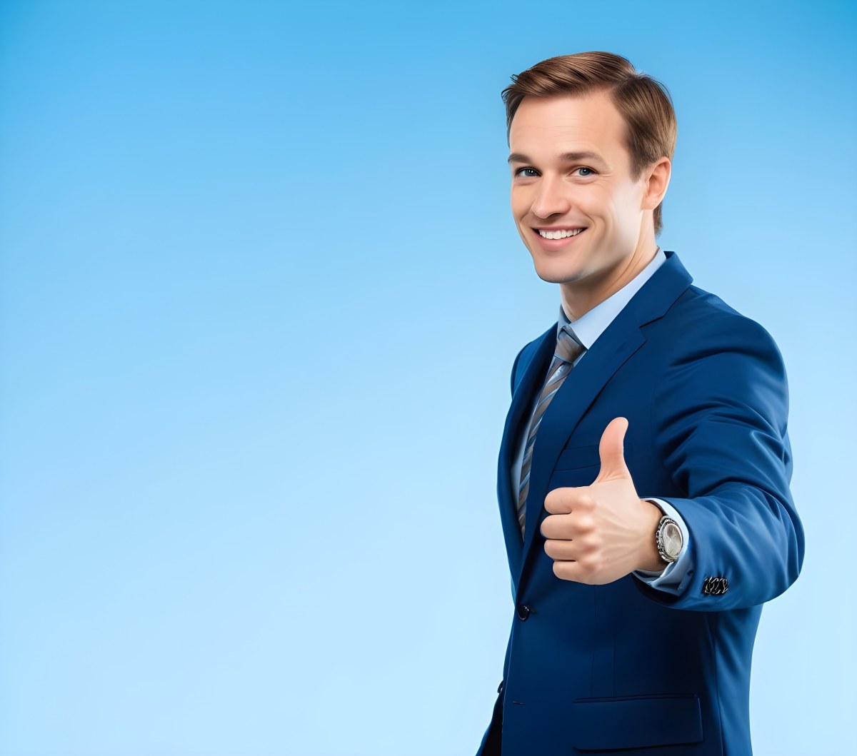 Minimal Soft Studio Light Photography Caucasian Male Approximately 30 Years Old With Light Brown Hair Wearing A Blue Suit And Tie Smiling With Arms Crossed Against A Light Blue Background High Detail Solid Bol 8 Cea0