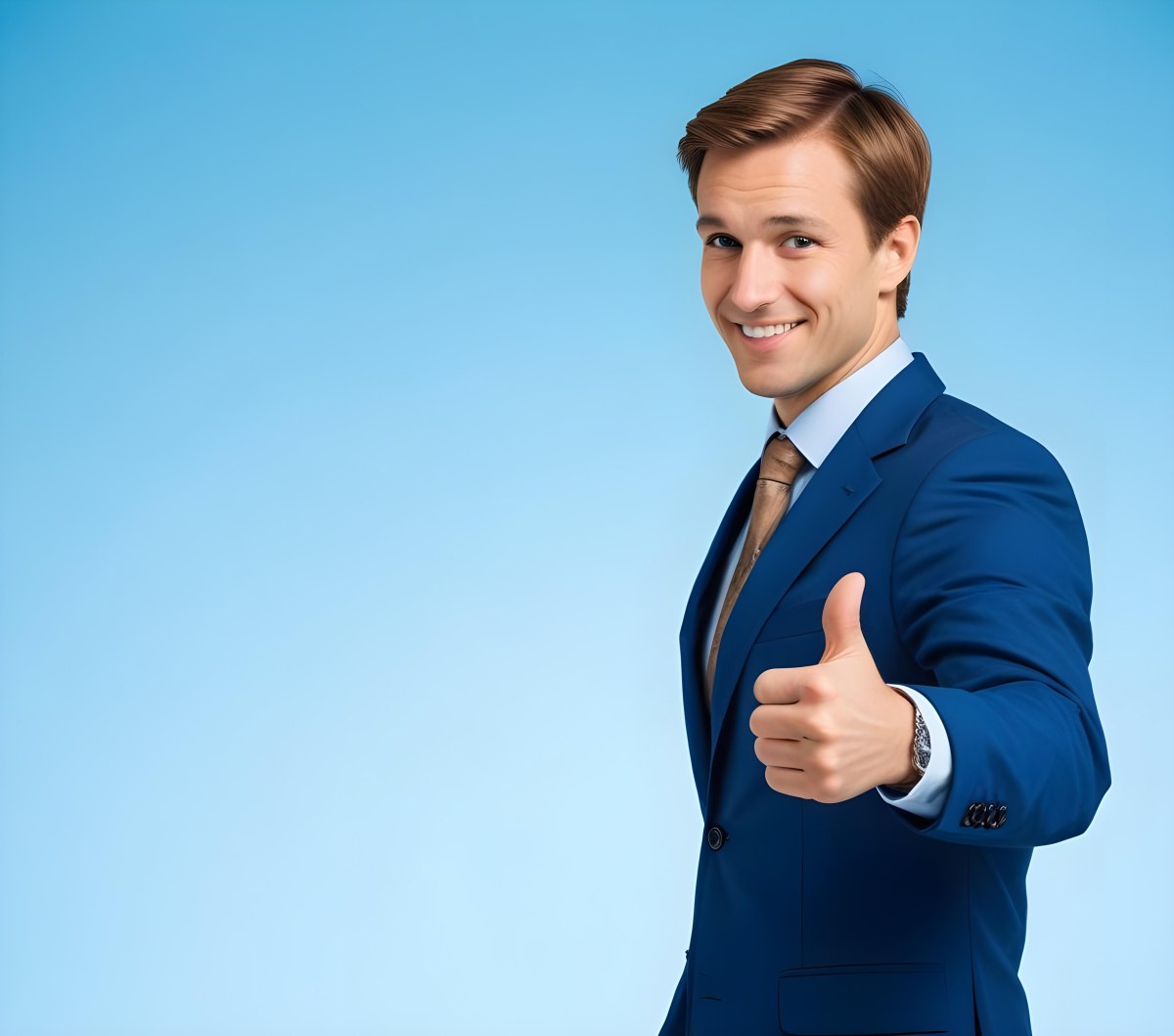 Minimal Soft Studio Light Photography Caucasian Male Approximately 30 Years Old With Light Brown Hair Wearing A Blue Suit And Tie Smiling With Arms Crossed Against A Light Blue Background High Detail Solid Bol 9 Ecf1
