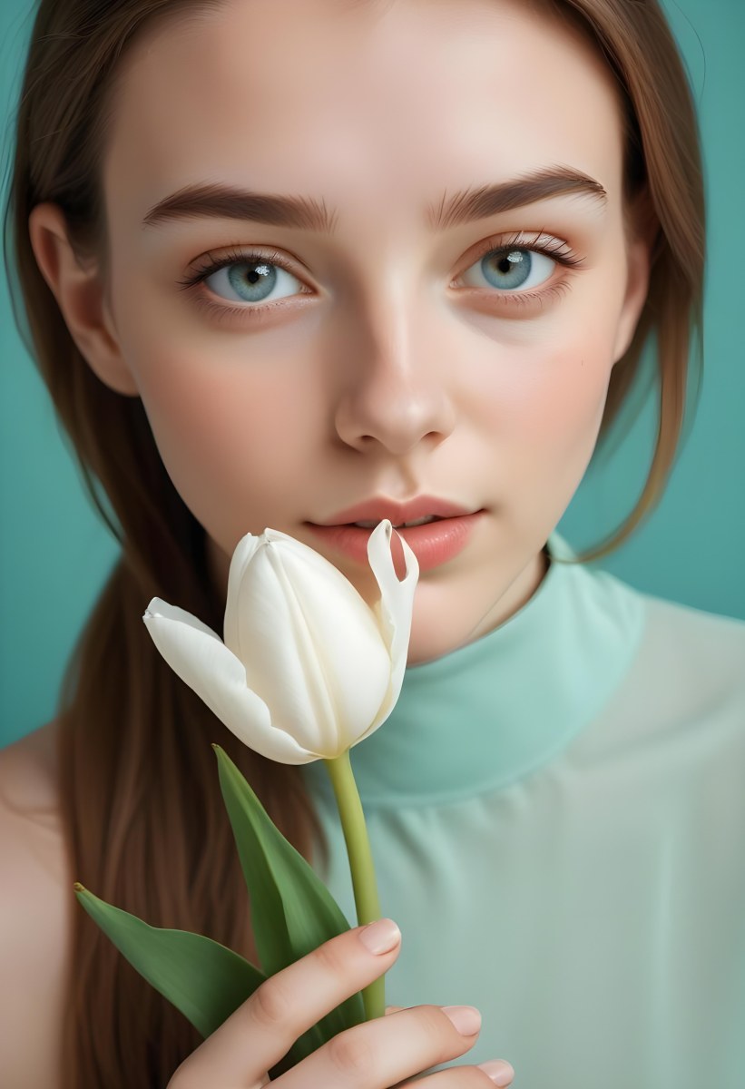 Minimal Soft Studio Light Photography Young Woman With Fair Skin And Long Light Brown Hair Around 20 Years Old Holding A White Tulip Close To Her Face She Has Striking Brown Eyes And A Natural Makeup Look With A So 4 0447