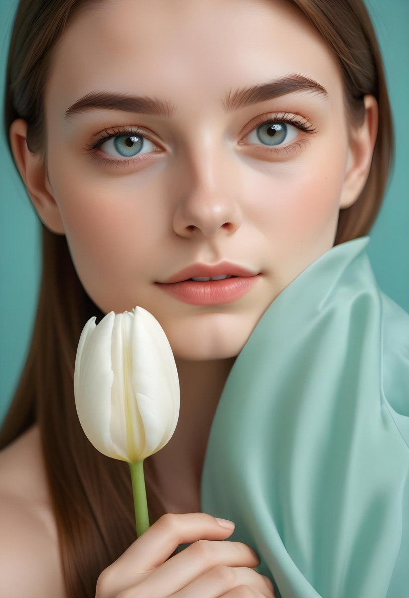Minimal Soft Studio Light Photography Young Woman With Fair Skin And Long Light Brown Hair Around 20 Years Old Holding A White Tulip Close To Her Face She Has Striking Brown Eyes And A Natural Makeup Look With A So 5 602c