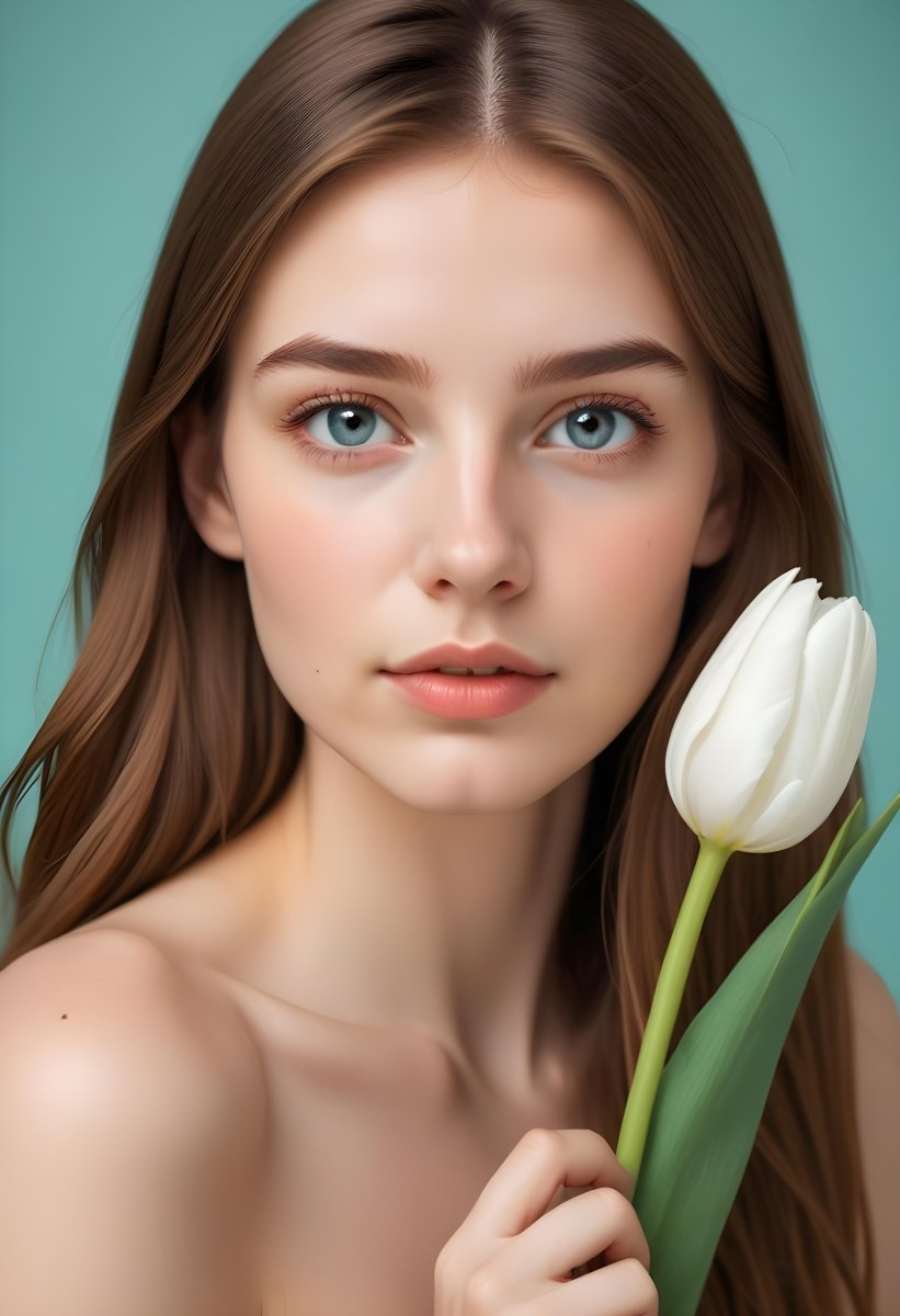 Minimal Soft Studio Light Photography Young Woman With Fair Skin And Long Light Brown Hair Around 20 Years Old Holding A White Tulip Close To Her Face She Has Striking Brown Eyes And A Natural Makeup Look With A So 6 Ad5c