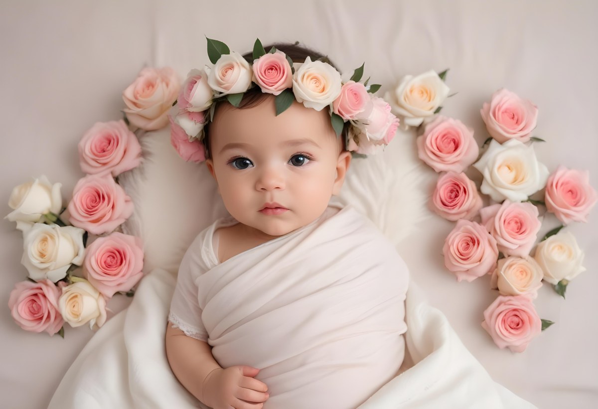 Oil Painting Baby Girl With Light Skin Approximately 1 Year Old Wearing A Floral Crown Made Of Pink And White Roses She Is Lying On A Soft White Blanket With A Bouquet Of Pink And Cream Roses Beside Her The Backgr 1 7d81