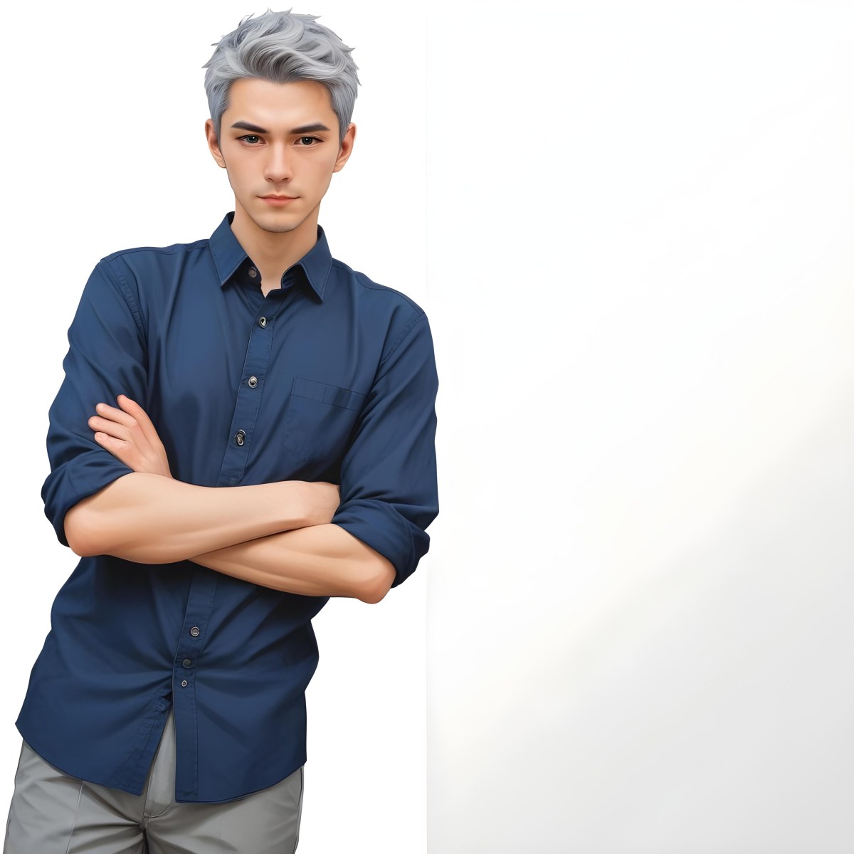 Oil Painting Caucasian Male Approximately 30 Years Old With Short Gray Hair Wearing A Dark Blue Button Up Shirt And Light Gray Pants Standing With Arms Crossed Against A Plain White Background Creative Extremel 13 47bd