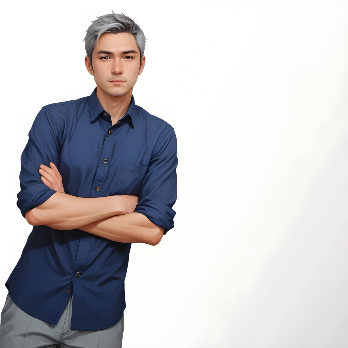 Oil Painting Caucasian Male Approximately 30 Years Old With Short Gray Hair Wearing A Dark Blue Button Up Shirt And Light Gray Pants Standing With Arms Crossed Against A Plain White Background Creative Extremel 14 Ff36