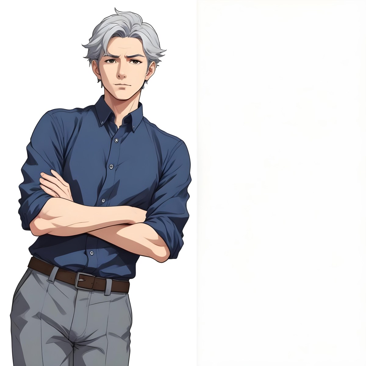 Oil Painting Caucasian Male Approximately 30 Years Old With Short Gray Hair Wearing A Dark Blue Button Up Shirt And Light Gray Pants Standing With Arms Crossed Against A Plain White Background Creative Extremel 15 7758