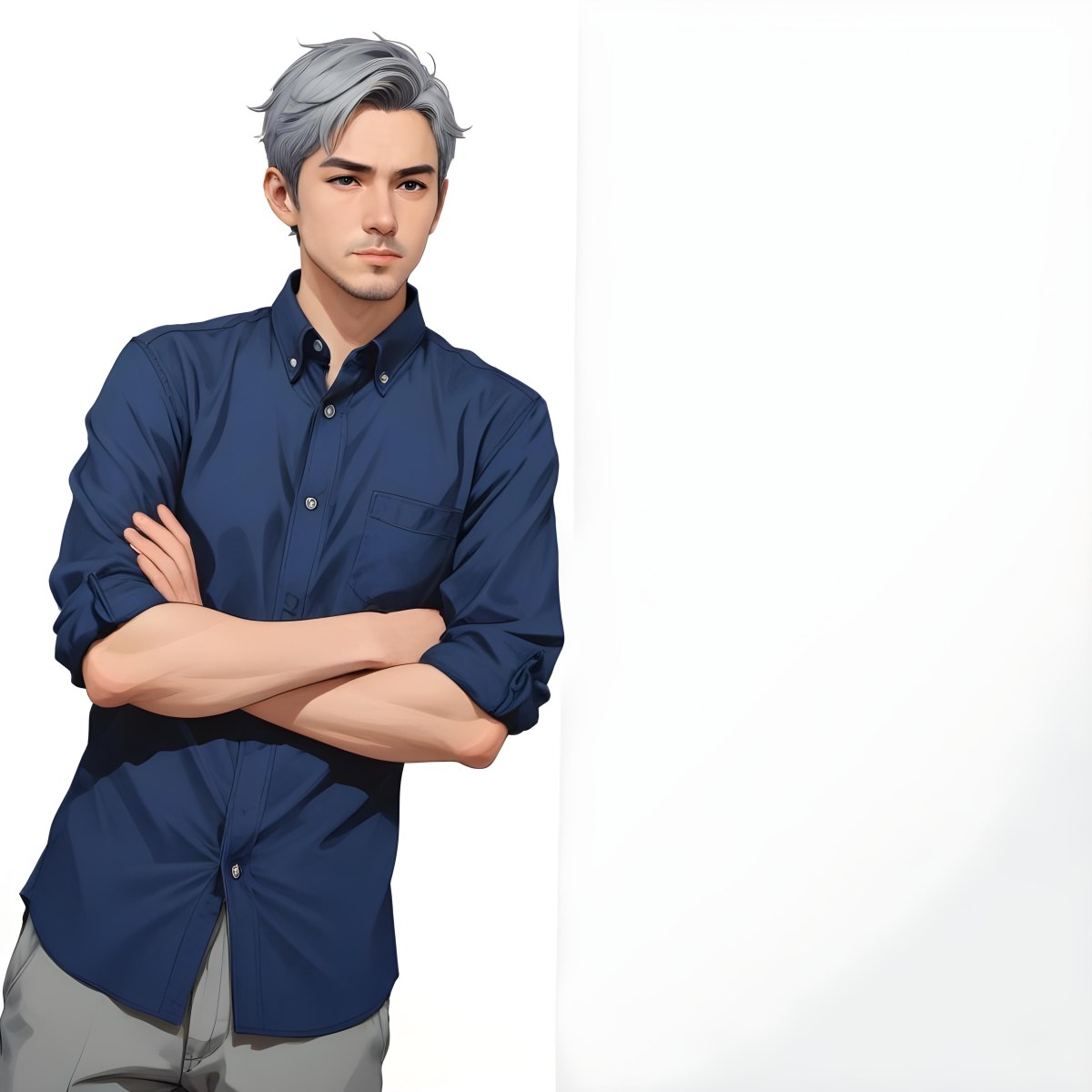 Oil Painting Caucasian Male Approximately 30 Years Old With Short Gray Hair Wearing A Dark Blue Button Up Shirt And Light Gray Pants Standing With Arms Crossed Against A Plain White Background Creative Extremel 16 E56f