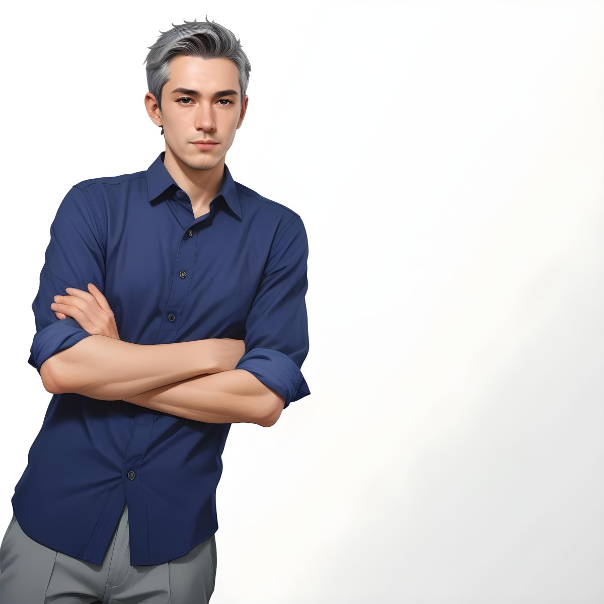 Oil Painting Caucasian Male Approximately 30 Years Old With Short Gray Hair Wearing A Dark Blue Button Up Shirt And Light Gray Pants Standing With Arms Crossed Against A Plain White Background Creative Extremel 17 E020