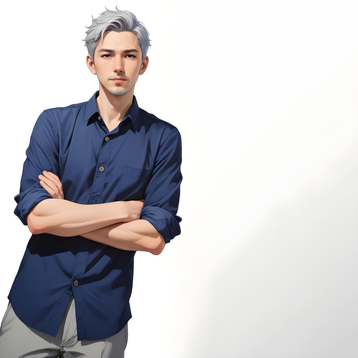 Oil Painting Caucasian Male Approximately 30 Years Old With Short Gray Hair Wearing A Dark Blue Button Up Shirt And Light Gray Pants Standing With Arms Crossed Against A Plain White Background Creative Extremel 18 6264