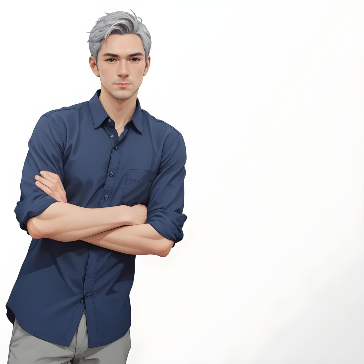 Oil Painting Caucasian Male Approximately 30 Years Old With Short Gray Hair Wearing A Dark Blue Button Up Shirt And Light Gray Pants Standing With Arms Crossed Against A Plain White Background Creative Extremel 20 28d4