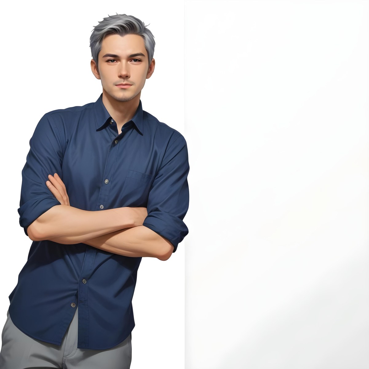 Oil Painting Caucasian Male Approximately 30 Years Old With Short Gray Hair Wearing A Dark Blue Button Up Shirt And Light Gray Pants Standing With Arms Crossed Against A Plain White Background Creative Extremel 21 Bf05