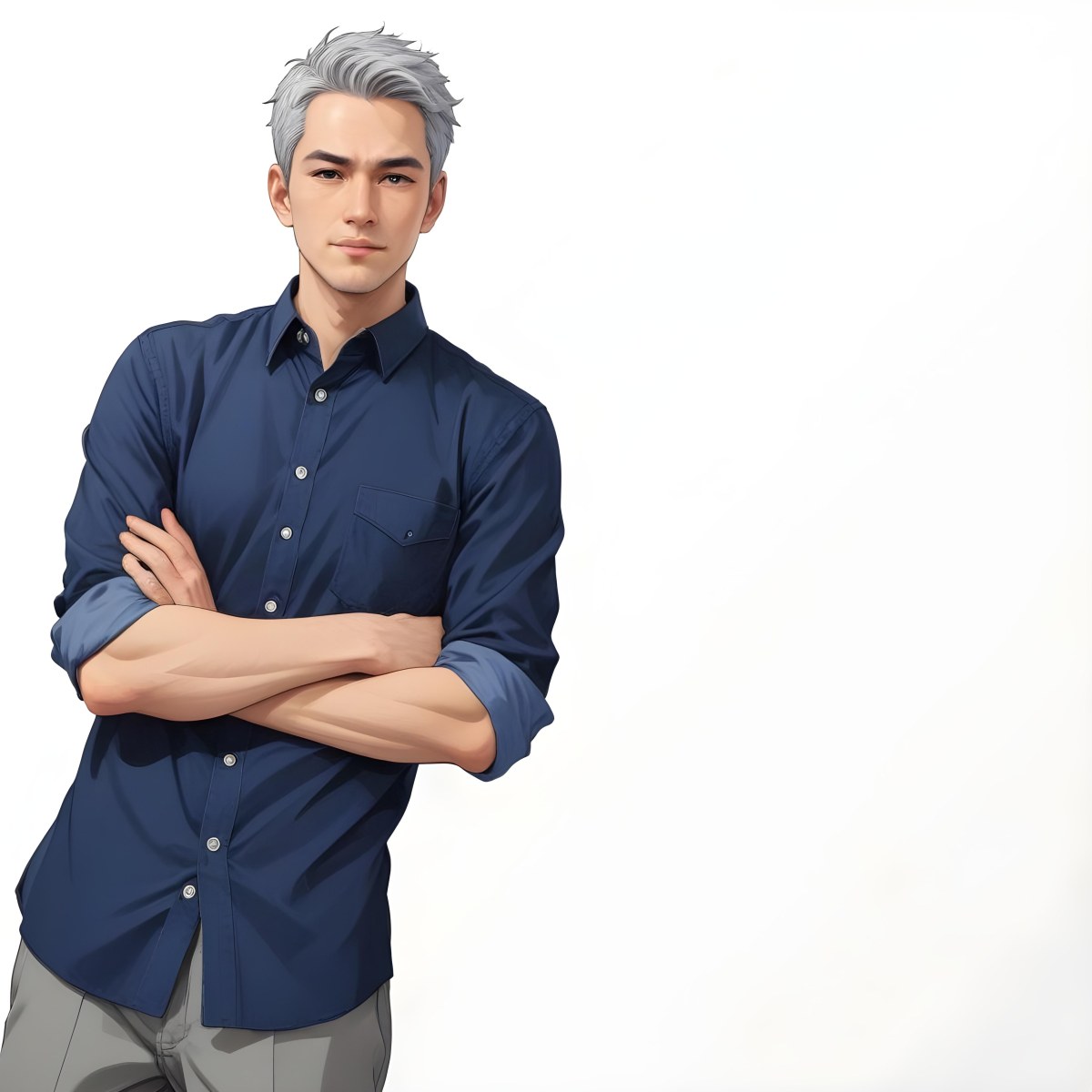 Oil Painting Caucasian Male Approximately 30 Years Old With Short Gray Hair Wearing A Dark Blue Button Up Shirt And Light Gray Pants Standing With Arms Crossed Against A Plain White Background Creative Extremel 22 5a33