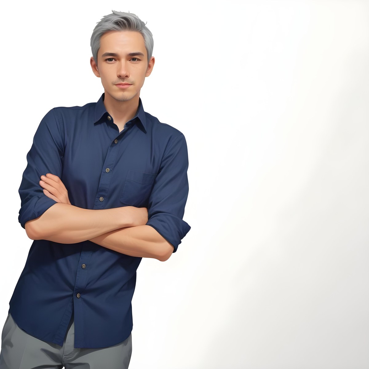 Oil Painting Caucasian Male Approximately 30 Years Old With Short Gray Hair Wearing A Dark Blue Button Up Shirt And Light Gray Pants Standing With Arms Crossed Against A Plain White Background Creative Extremel 23 5eb9