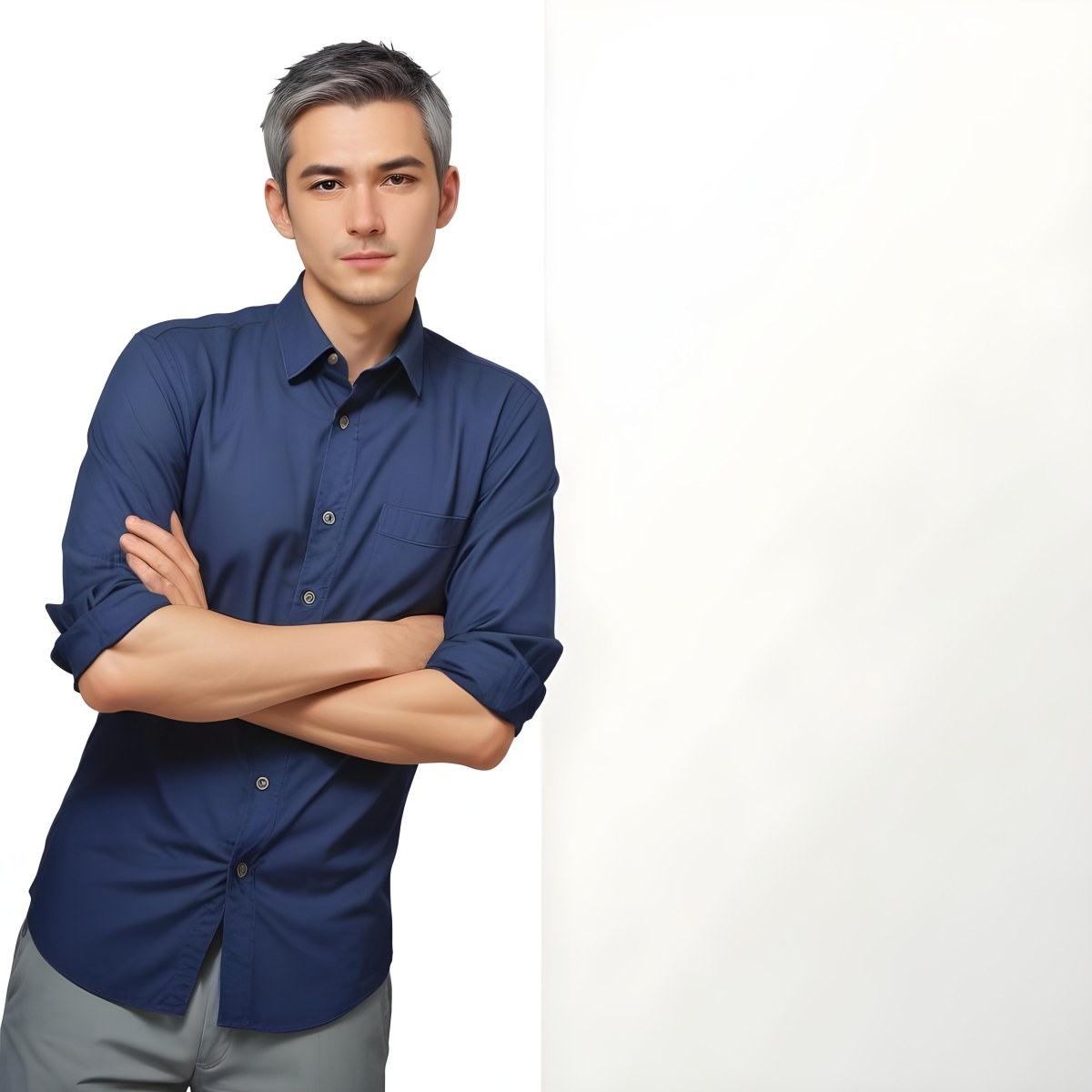 Oil Painting Caucasian Male Approximately 30 Years Old With Short Gray Hair Wearing A Dark Blue Button Up Shirt And Light Gray Pants Standing With Arms Crossed Against A Plain White Background Creative Extremel 24 Aebd