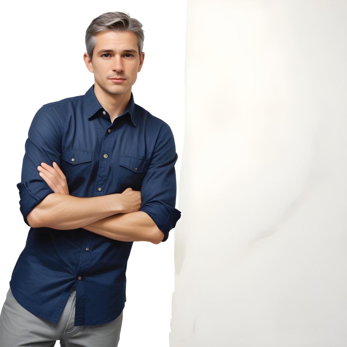 Oil Painting Caucasian Male Approximately 30 Years Old With Short Gray Hair Wearing A Dark Blue Button Up Shirt And Light Gray Pants Standing With Arms Crossed Against A Plain White Background Creative Extremel 25 820b