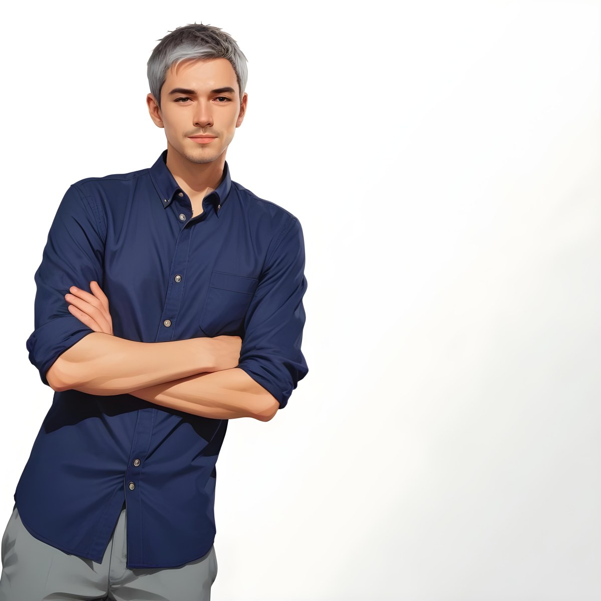 Oil Painting Caucasian Male Approximately 30 Years Old With Short Gray Hair Wearing A Dark Blue Button Up Shirt And Light Gray Pants Standing With Arms Crossed Against A Plain White Background Creative Extremel 3 Dc5c
