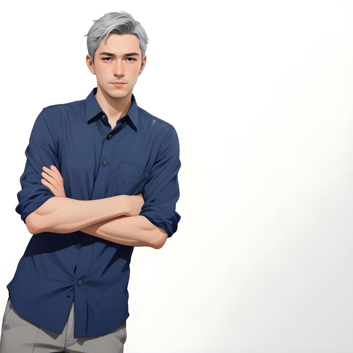 Oil Painting Caucasian Male Approximately 30 Years Old With Short Gray Hair Wearing A Dark Blue Button Up Shirt And Light Gray Pants Standing With Arms Crossed Against A Plain White Background Creative Extremel 4 734e