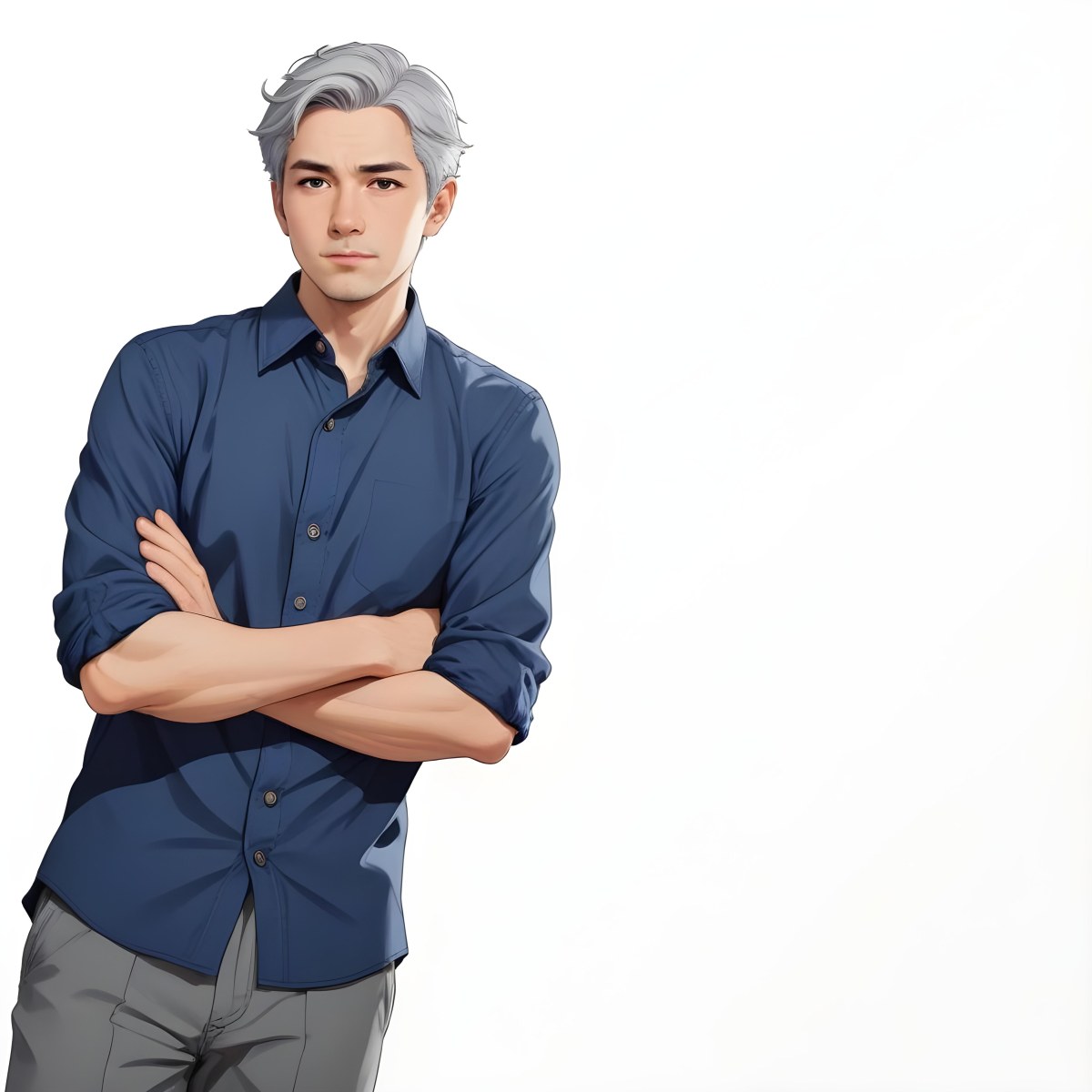 Oil Painting Caucasian Male Approximately 30 Years Old With Short Gray Hair Wearing A Dark Blue Button Up Shirt And Light Gray Pants Standing With Arms Crossed Against A Plain White Background Creative Extremel 5 84a8