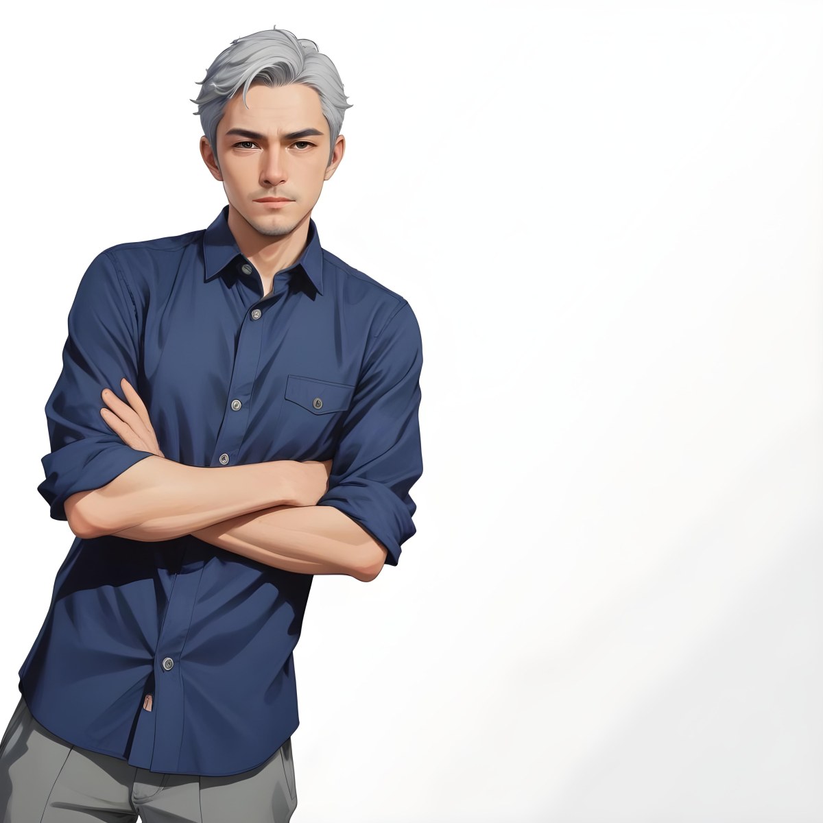 Oil Painting Caucasian Male Approximately 30 Years Old With Short Gray Hair Wearing A Dark Blue Button Up Shirt And Light Gray Pants Standing With Arms Crossed Against A Plain White Background Creative Extremel 6 1694
