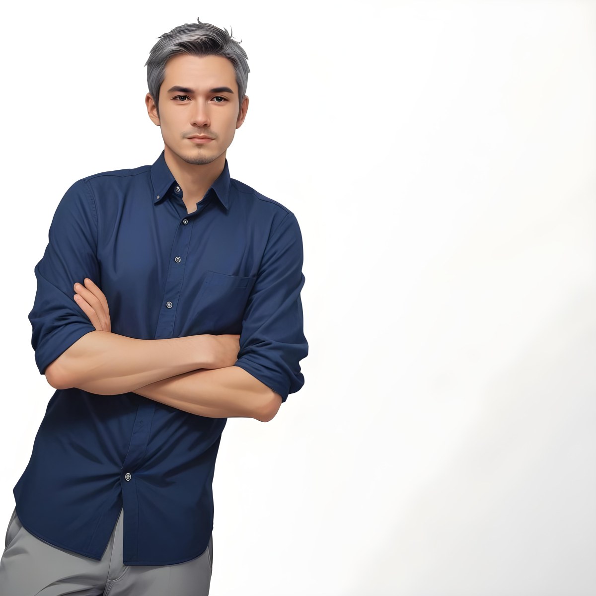 Oil Painting Caucasian Male Approximately 30 Years Old With Short Gray Hair Wearing A Dark Blue Button Up Shirt And Light Gray Pants Standing With Arms Crossed Against A Plain White Background Creative Extremel 7 7f3c
