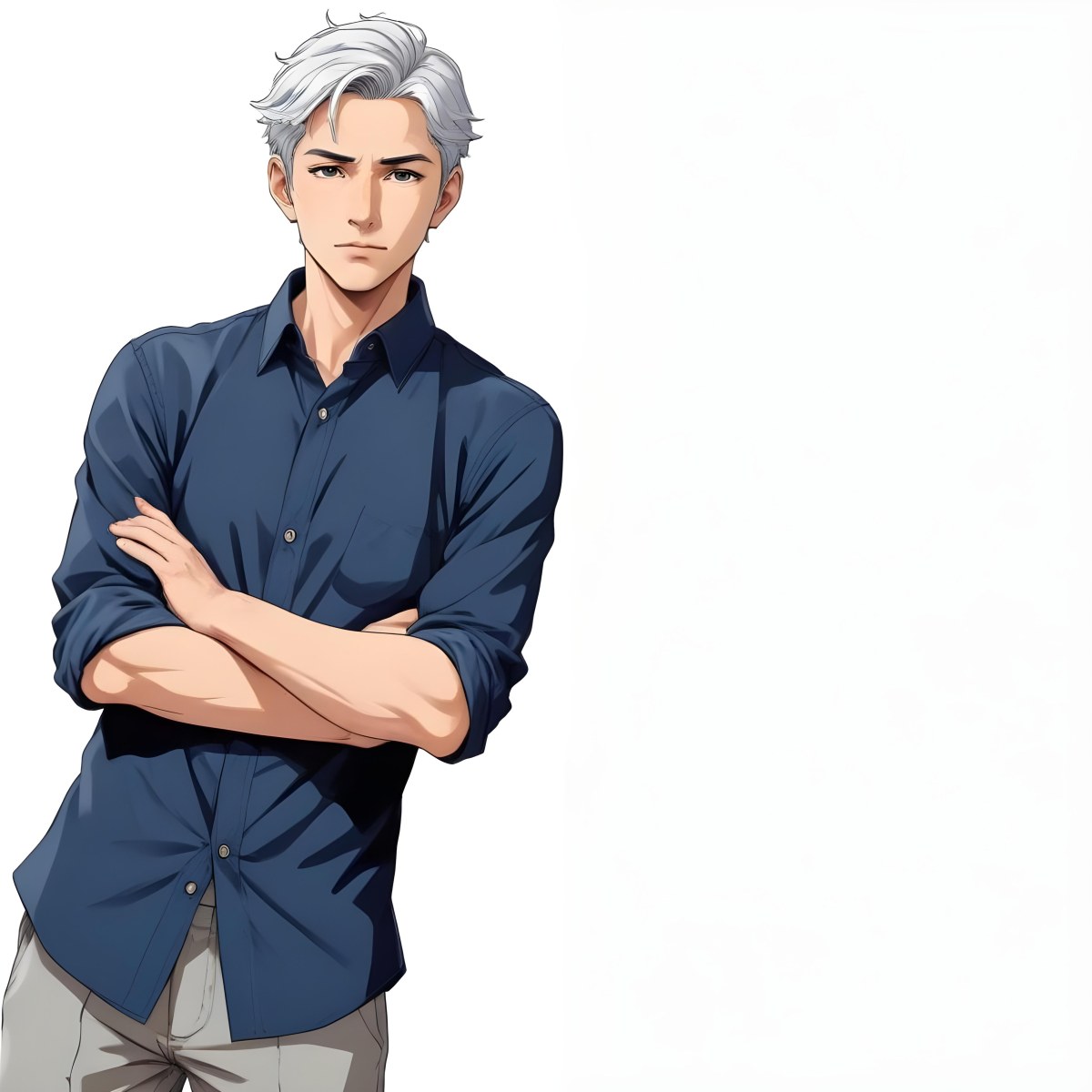 Oil Painting Caucasian Male Approximately 30 Years Old With Short Gray Hair Wearing A Dark Blue Button Up Shirt And Light Gray Pants Standing With Arms Crossed Against A Plain White Background Creative Extremel 8 6ce3
