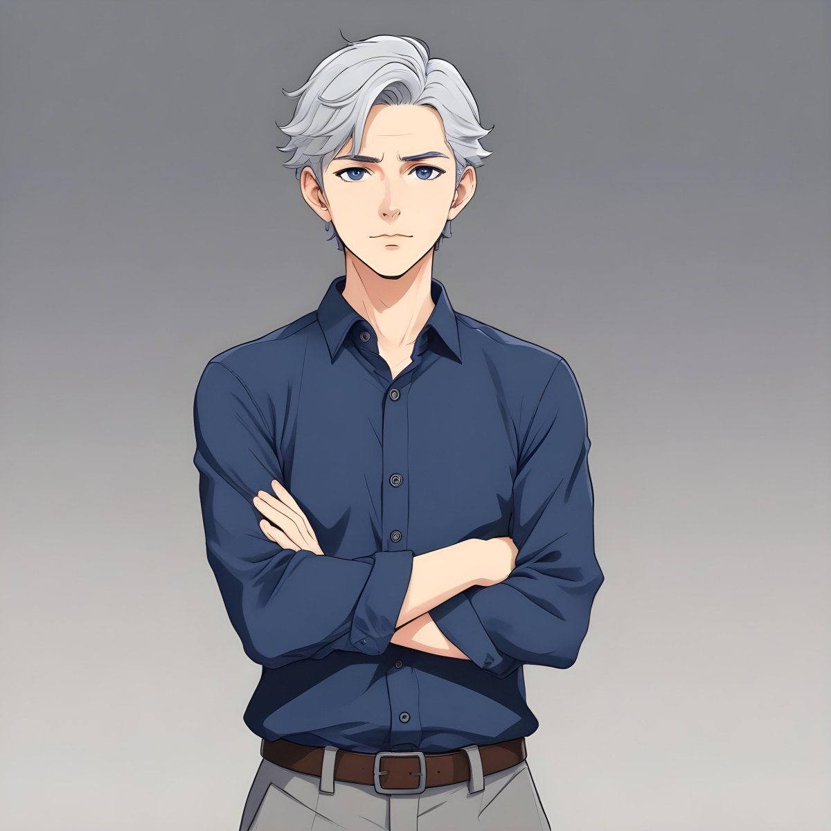 Oil Painting Caucasian Male Approximately 30 Years Old With Short Gray Hair Wearing A Dark Blue Button Up Shirt And Light Gray Pants Standing With Arms Crossed Against A Plain White Background Creative Extremel 9 8291
