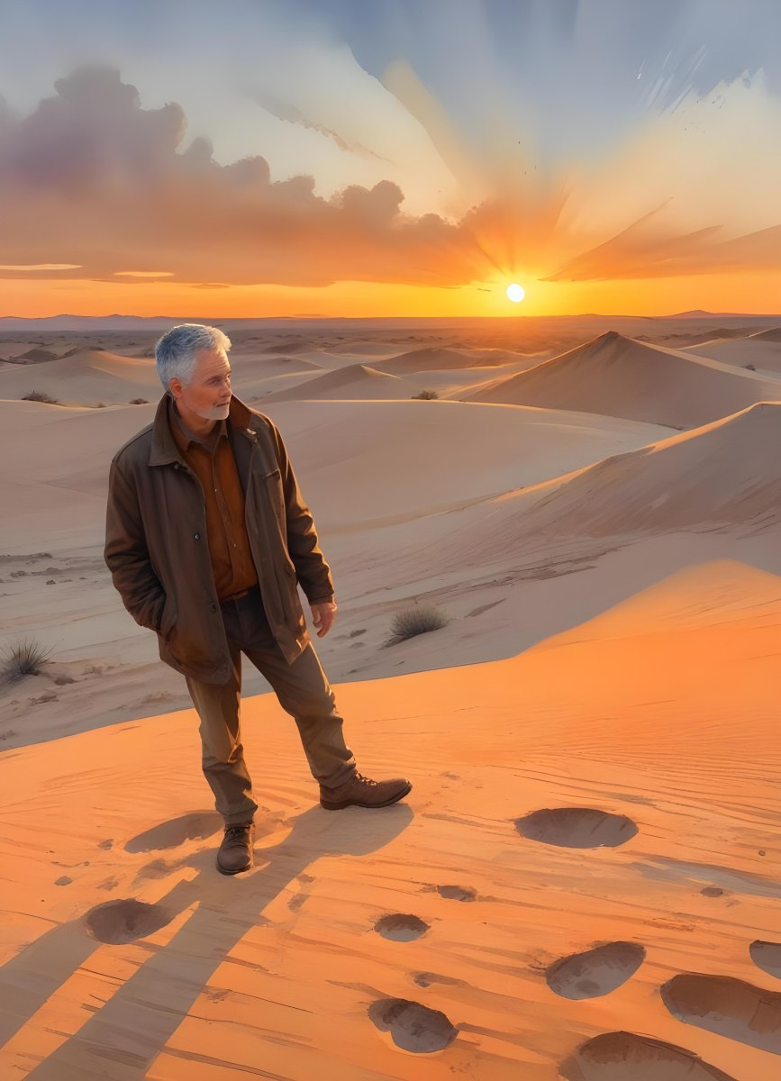 Watercolor Painting A Middle Aged Caucasian Man With Short Gray Hair Wearing A Brown Jacket Standing On A Sandy Desert Landscape With A Dramatic Sunset In The Background Creative Detailed Brush Stroke Minimal Spalsh 95 91b4