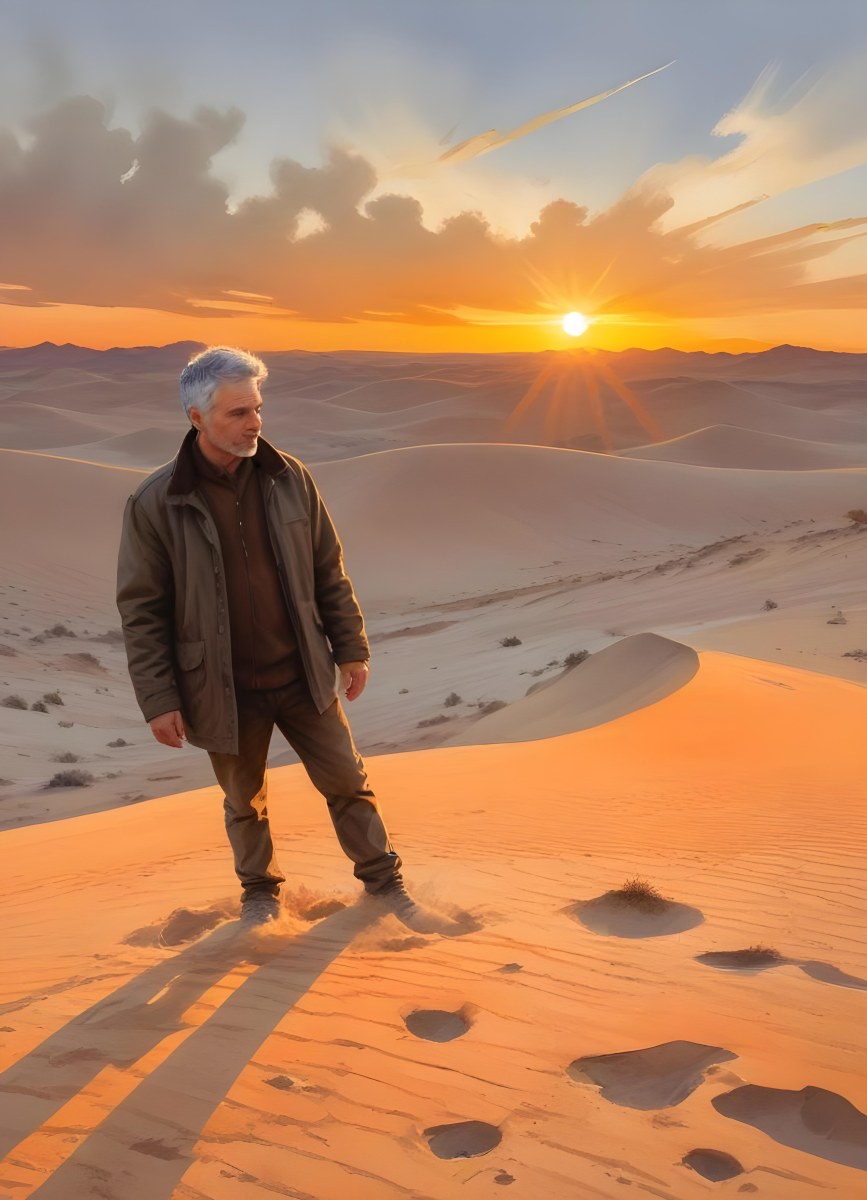 Watercolor Painting A Middle Aged Caucasian Man With Short Gray Hair Wearing A Brown Jacket Standing On A Sandy Desert Landscape With A Dramatic Sunset In The Background Creative Detailed Brush Stroke Minimal Spalsh 97 4142