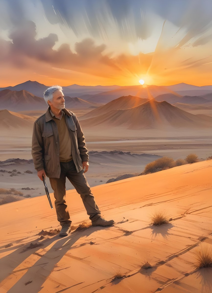 Watercolor Painting A Middle Aged Caucasian Man With Short Gray Hair Wearing A Brown Jacket Standing On A Sandy Desert Landscape With A Dramatic Sunset In The Background Creative Detailed Brush Stroke Minimal Spalsh 98 03ad