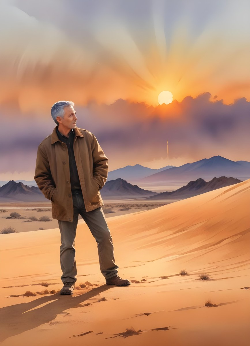 Watercolor Painting A Middle Aged Caucasian Man With Short Gray Hair Wearing A Brown Jacket Standing On A Sandy Desert Landscape With A Dramatic Sunset In The Background Creative Detailed Brush Stroke Minimal Spalsh 99 280d