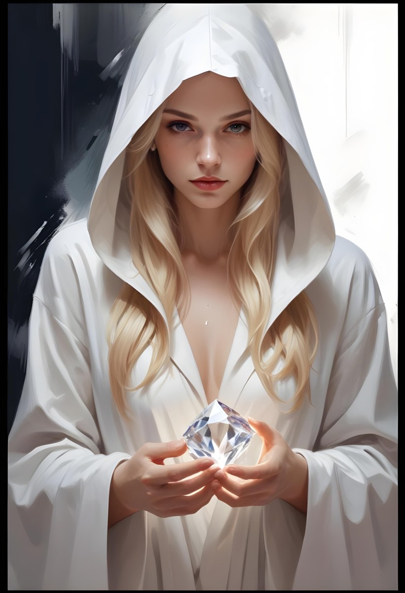 Watercolor Painting A Young Fair Skinned Woman With Long Blonde Hair Wearing A White Hooded Robe Holding A Large Diamond In Her Hands Creative Detailed Brush Stroke Minimal Spalsh 5 462c