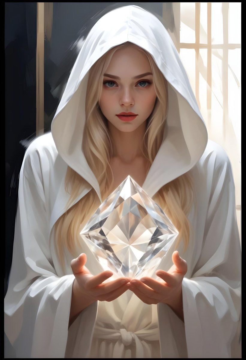 Watercolor Painting A Young Fair Skinned Woman With Long Blonde Hair Wearing A White Hooded Robe Holding A Large Diamond In Her Hands Creative Detailed Brush Stroke Minimal Spalsh 6 3718