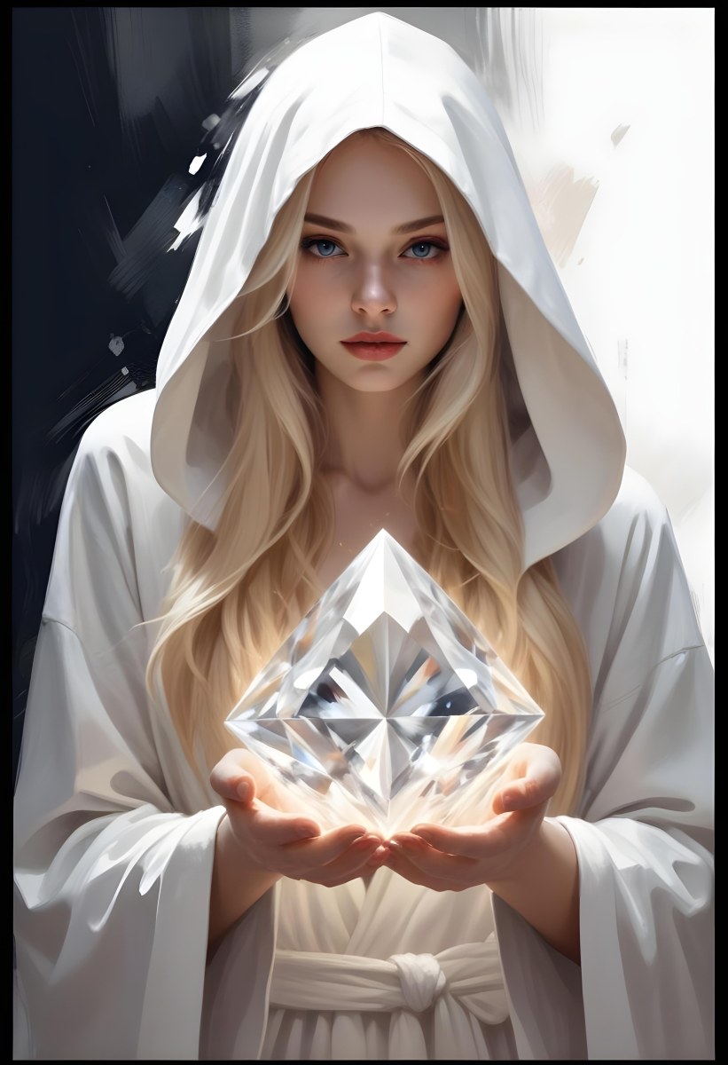 Watercolor Painting A Young Fair Skinned Woman With Long Blonde Hair Wearing A White Hooded Robe Holding A Large Diamond In Her Hands Creative Detailed Brush Stroke Minimal Spalsh 7 8ac1