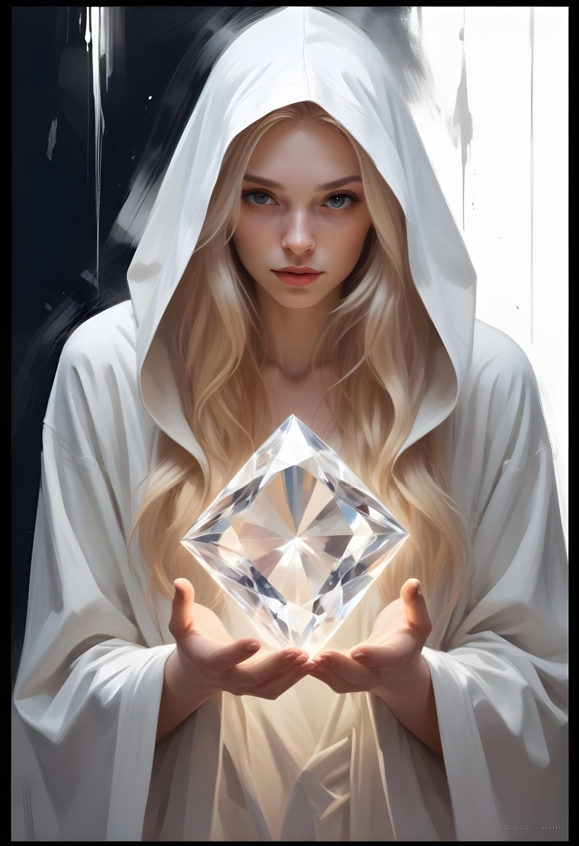 Watercolor Painting A Young Fair Skinned Woman With Long Blonde Hair Wearing A White Hooded Robe Holding A Large Diamond In Her Hands Creative Detailed Brush Stroke Minimal Spalsh 8 26b0