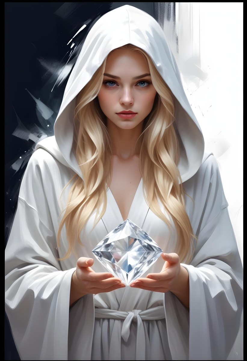 Watercolor Painting A Young Fair Skinned Woman With Long Blonde Hair Wearing A White Hooded Robe Holding A Large Diamond In Her Hands Creative Detailed Brush Stroke Minimal Spalsh 9 49e0