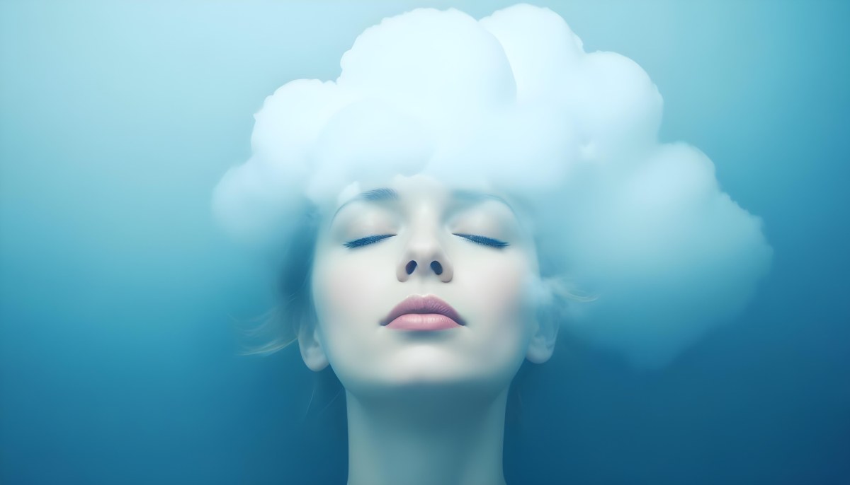 White Woman 25 Years Old With Closed Eyes And A Cloud Above Her Head Blue Background 11 82cf