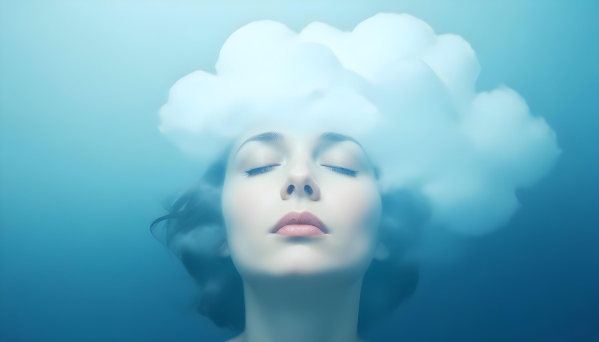 White Woman 25 Years Old With Closed Eyes And A Cloud Above Her Head Blue Background 20 41a8